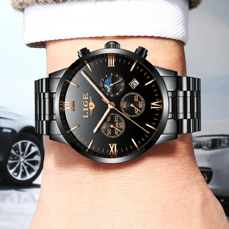 

LIGE 9831 Luxury Men Fashion Quartz Full Steel Business Waterproof Watch Simple Multifunctional Sports Male Wristwatches Clock