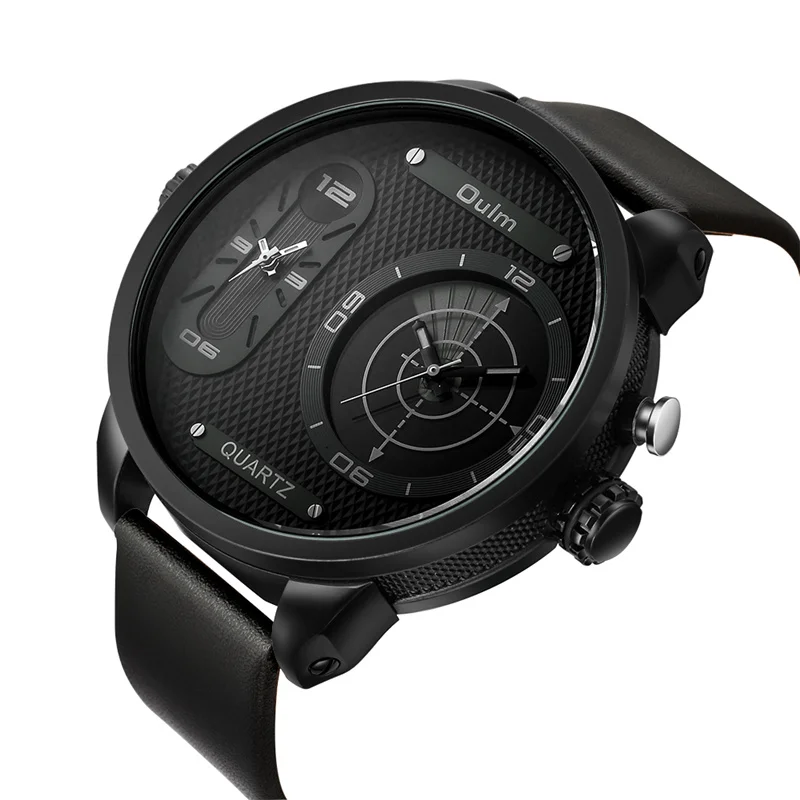 

Oulm New Fashion Big Size LED Two Time Zone Wristwatch Top Brand Luxury Men's Watches Leather Male Quartz Watch