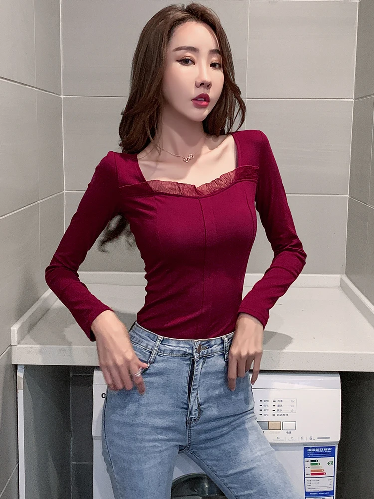 

Sexy top femininity square collar exposed collarbone bottomed shirt spring 2021 new slim tight long sleeve T-shirt