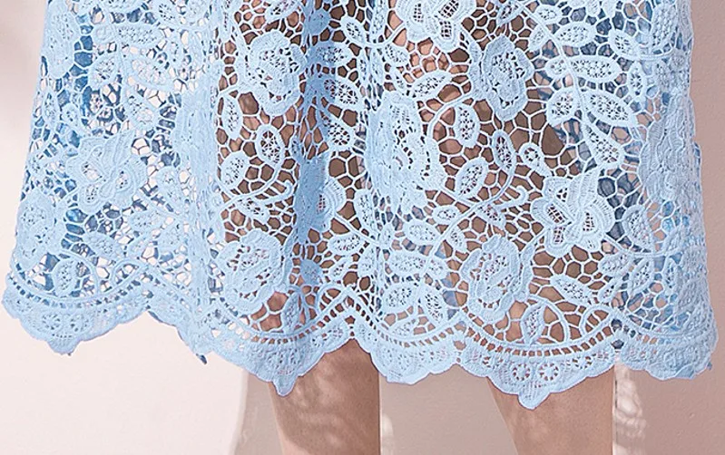 

2020 summer Runway Designer Puff Sleeve Dress Elegant Women Blue Hook Floral Lace Sexy Hollow Out Ruffles Dresses