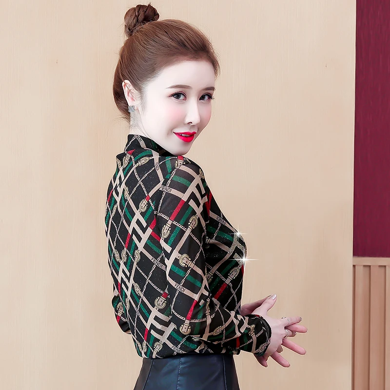 

Lace Blouse Women Shirts Long Sleeve Stand Collar Fashion Print Diamonds Korean Women Tops Plus Size Women Blouses Blusa Mujer