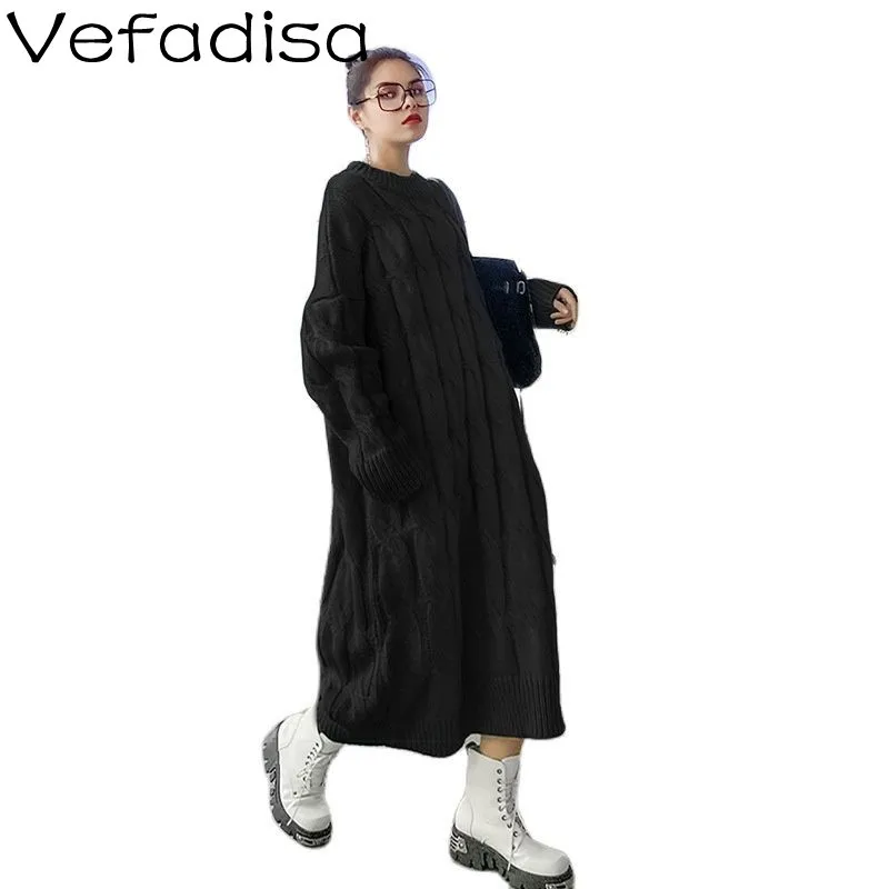 

Женское трикотажное платье Vefadisa, черное однотонное платье-свитер большого размера с круглым вырезом, TT810, Осень-зима 2021