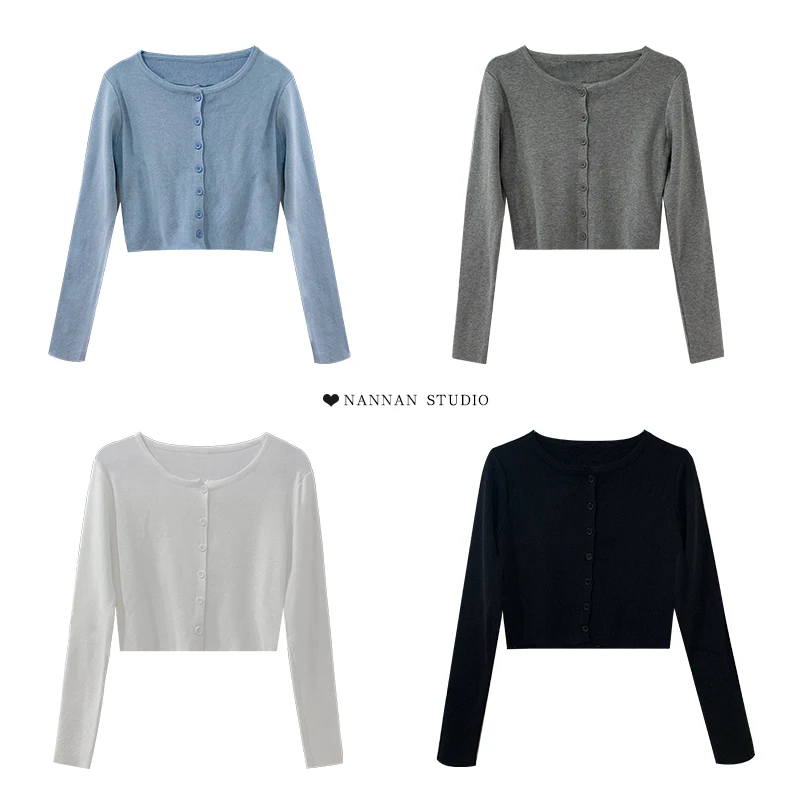 

Женский однобортный свитер в стиле ретро, вязаный кардиган с круглым вырезом и пупком, укороченный топ с длинными рукавами, Женская Осенняя ...