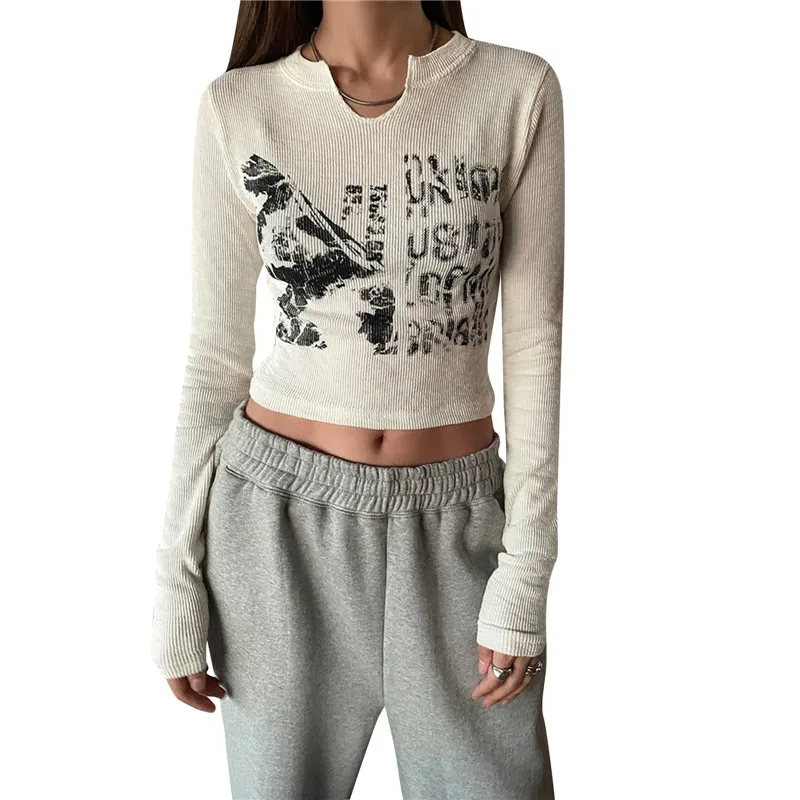 

Women Long Sleeve Y2K Knitted Pullover Crop Top Graphic Print Slim Fit Blouse Clubwear Cropped Tee Shirts Summer Y2k Streetwear