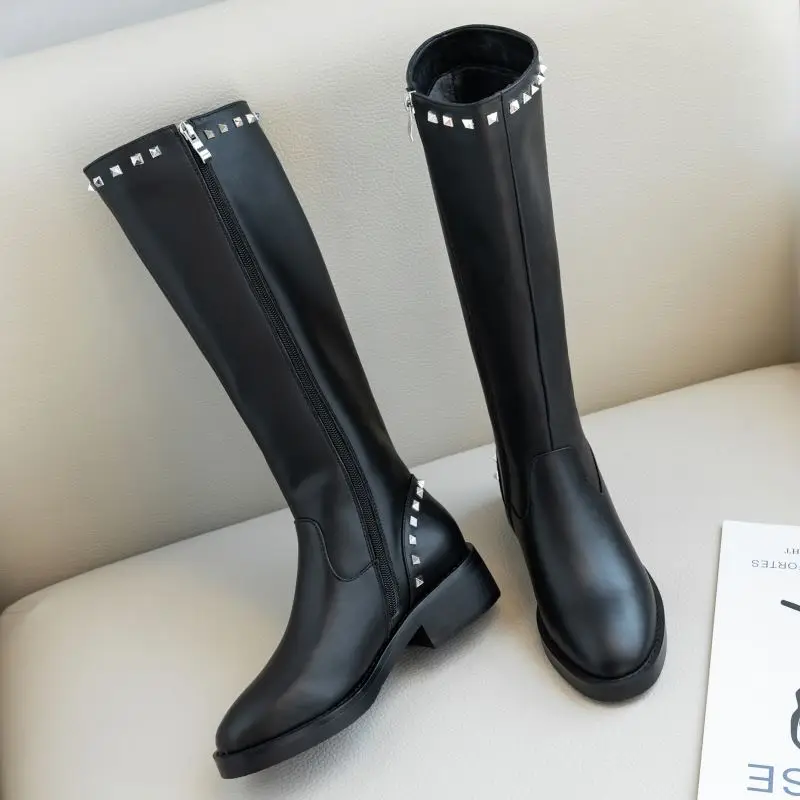 Женские высокие сапоги TAOFFEN теплые до колена из натуральной кожи на молнии с