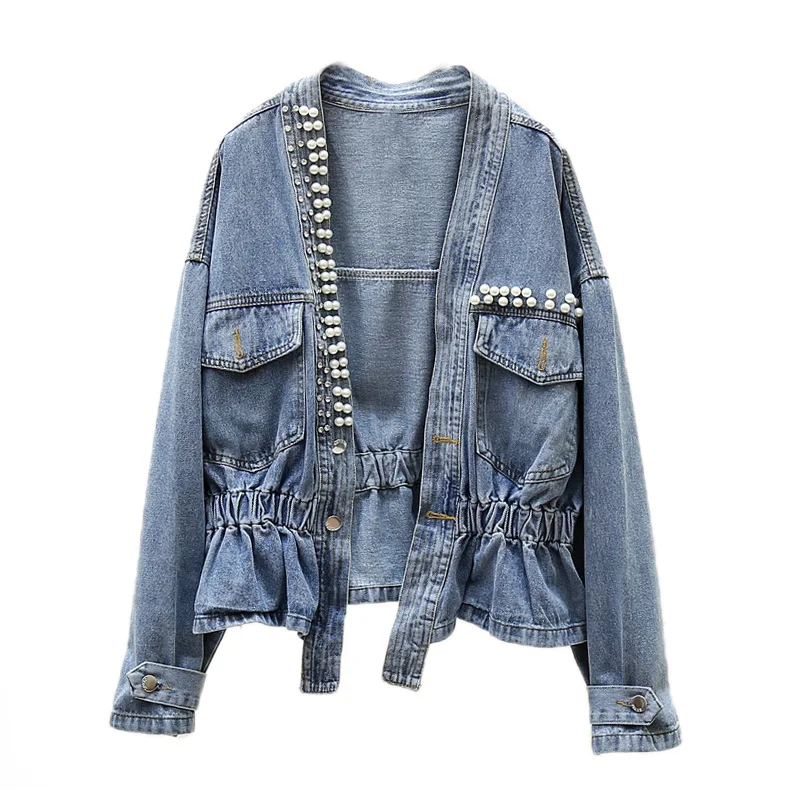 

New Trendy Short Denim Coat for Girls None Collar Casual Lady Wear Folding Nipped Waist Pearl Pockets Autumn Woman Jacket