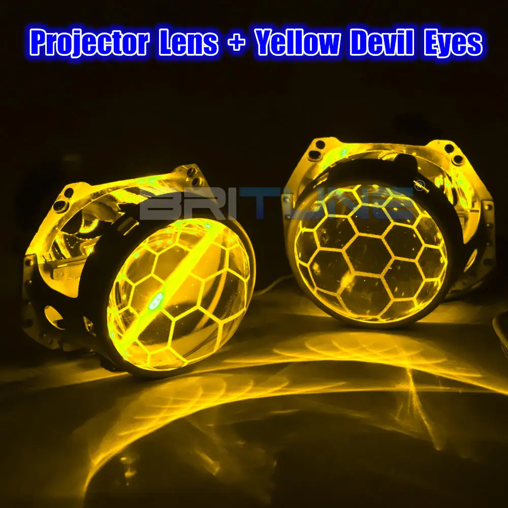 With Yellow Devil Для Hella 3R G5 5 фары линзы HID проектор Honeycomb Bi-xenon травление синие линзы модифицированные автомобильные аксессуары стиль D1 D2 D3 D4 - Цвет: With Yellow Devil