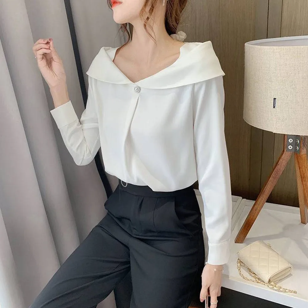 

Soft Elegant Lady Chiffon Solid Femal Slash Neck Women Peal Button Blouses Top Pullover Long Sleeve Shirt
