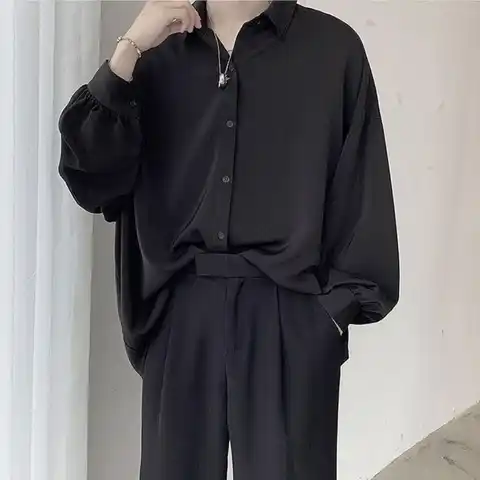 Рубашка мужская с длинным рукавом, удобная блузка в Корейском стиле, Повседневная Свободная однобортная сорочка с галстуком, черный цвет