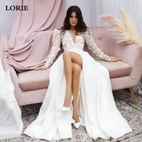 lorie a line lace wedding dress long sleeve split 3d flowers bridal dress satin v neck ivory vestido de noiva wedding gow
