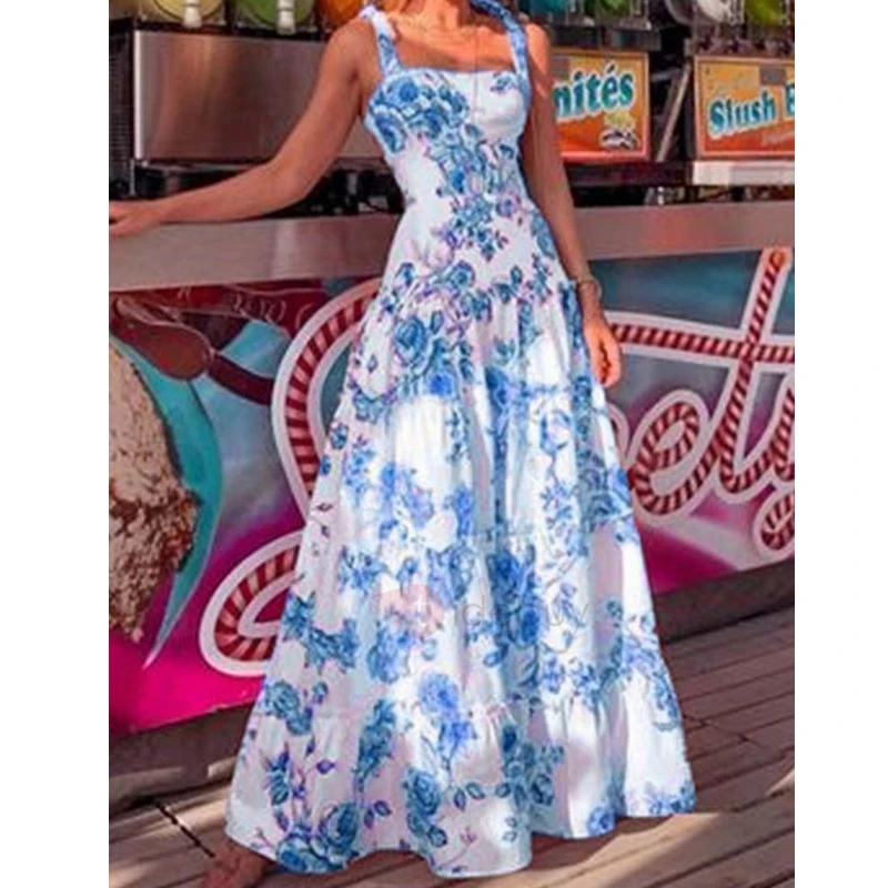 

Mandylandy Summer Casual Spaghetti Strap Square Collar Backless Dress Women's Sexy Floral Print Slim Dress