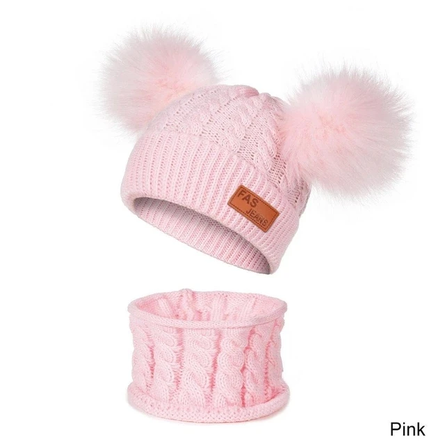 TRUENJOY 2 PCS Children Winter Knitting Hat Pom Pom Knitted Beanie Hat Ring Scarf Set for Kids Winter Skullies Hat boys girls - Цвет: G