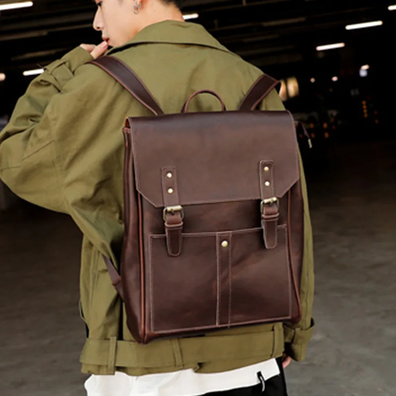 Мужской рюкзак из кожи Крейзи Хорс Черный винтажный для ноутбука школьная