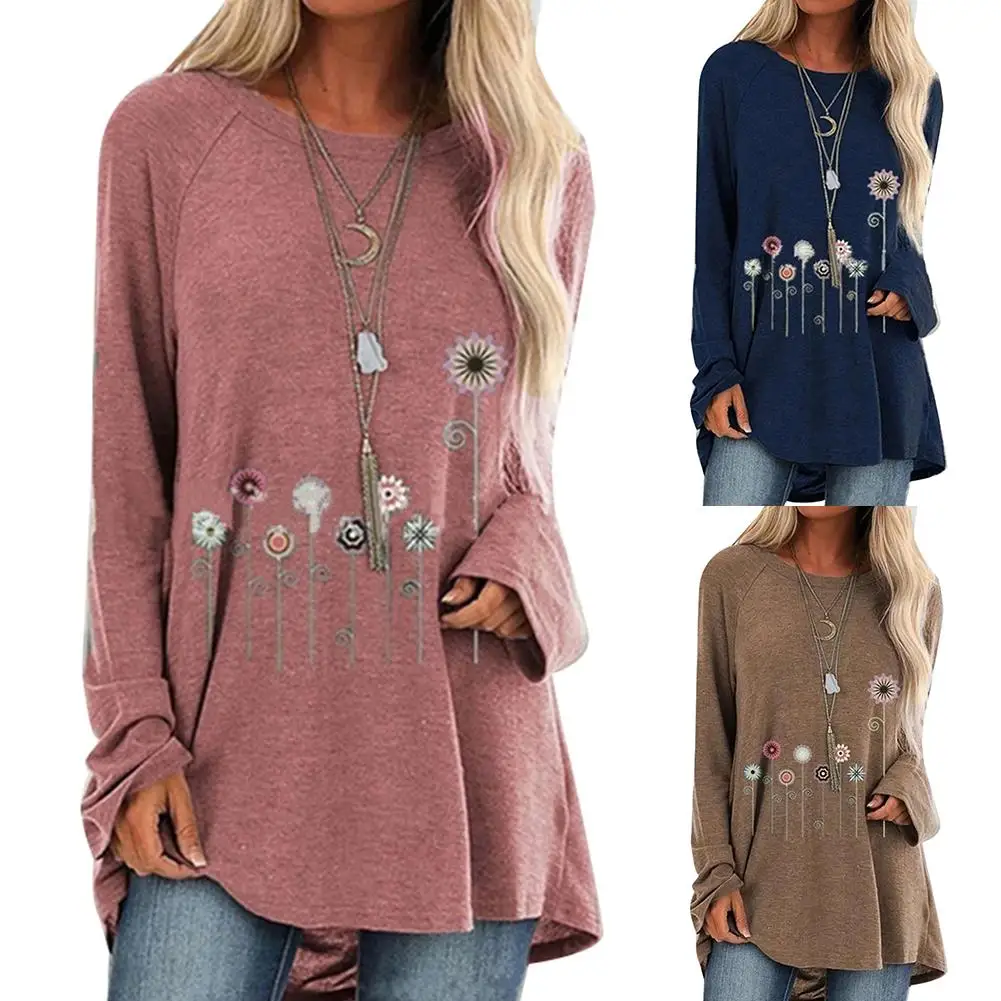 Размера плюс для женщин модные футболки девочек Повседневная Осенняя Цветочный