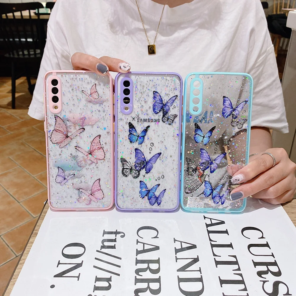 

Transparent Glitter Butterfly Star Phone Case For Samsung S21 S20 FE Ultra Plus Shockproof Soft Coque
