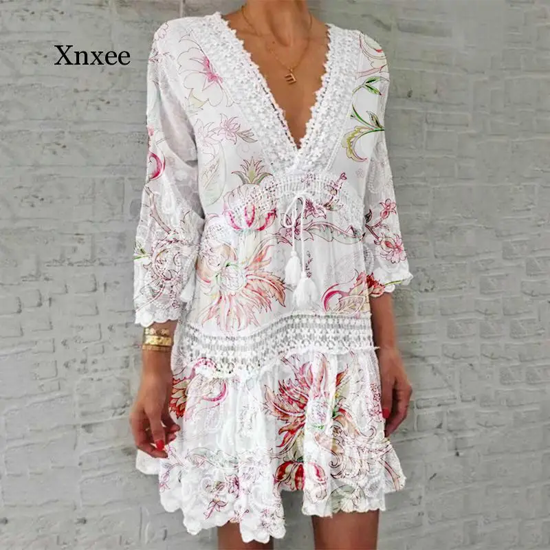 Lace V Neck Patchwork Summer Dress Women Three Quarter Sleeve Tassel Party Elegant Floral Print Hollow Out white tassel | Женская одежда