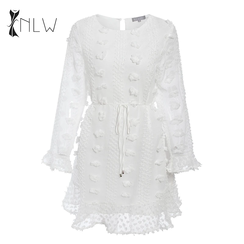 Long Sleeve-White NLW, женское платье, Осень-зима, модное, белое, с вышивкой, на шнуровке, короткое платье, повседневное, элегантное, с оборками, мини платье, с длинным рукавом, vestidos - Цвет: Long Sleeve-White
