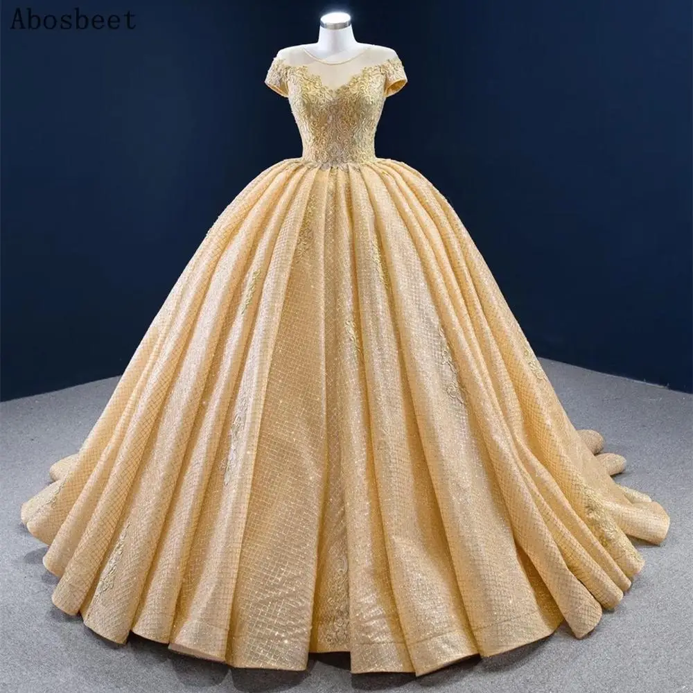 Grid Lace Champagne Ball Gown Evening Dress Short Sleeve Luxury Long Prom Party Women Wear Small Train Lace Up Back