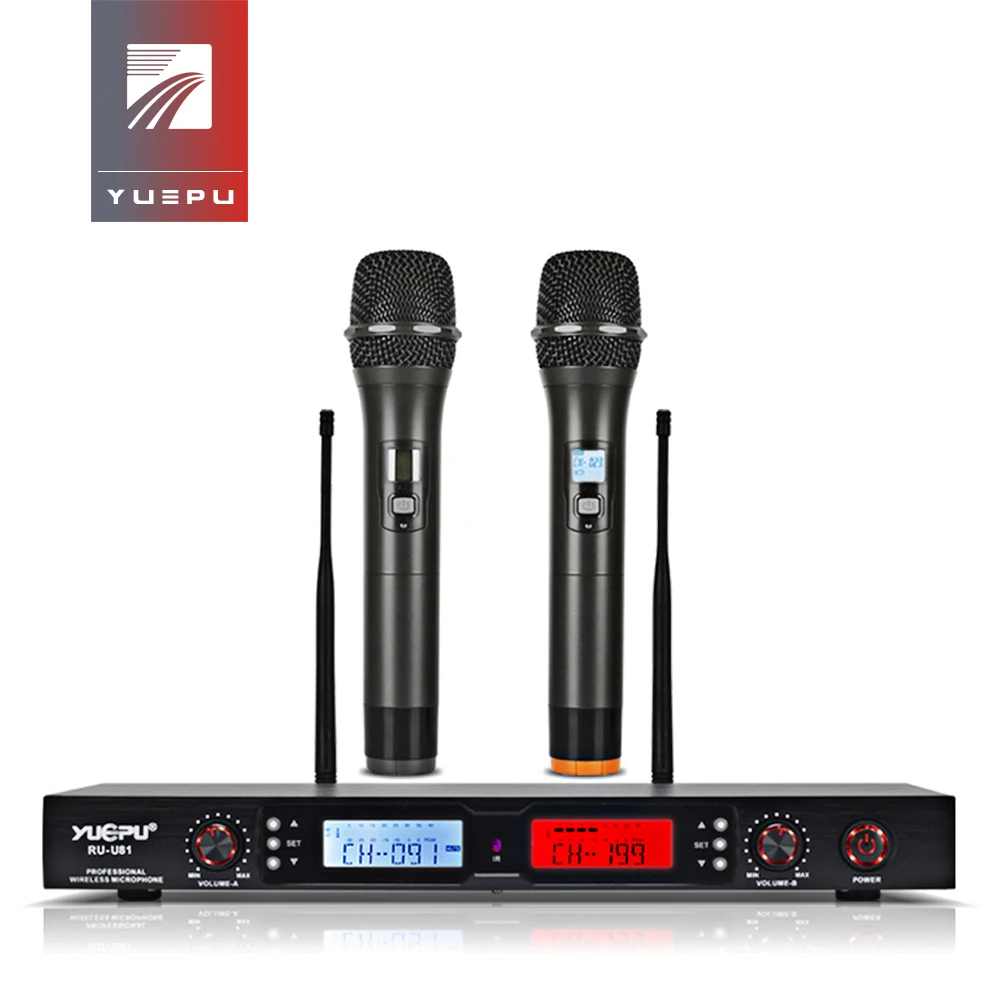 YUEPU RU-U81 интеллигентая(ый) Автоматическое отключение звука УВЧ микрофон для караоке Беспроводной Профессиональный 2 канала двойной ручной для сцены церкви