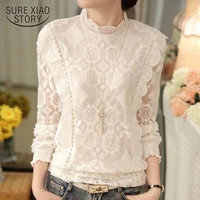 new arrival 2021 autumn women blouses long sleeve fashion casual chiffon shirts stand floral lace blouses plus size tops 07f 25