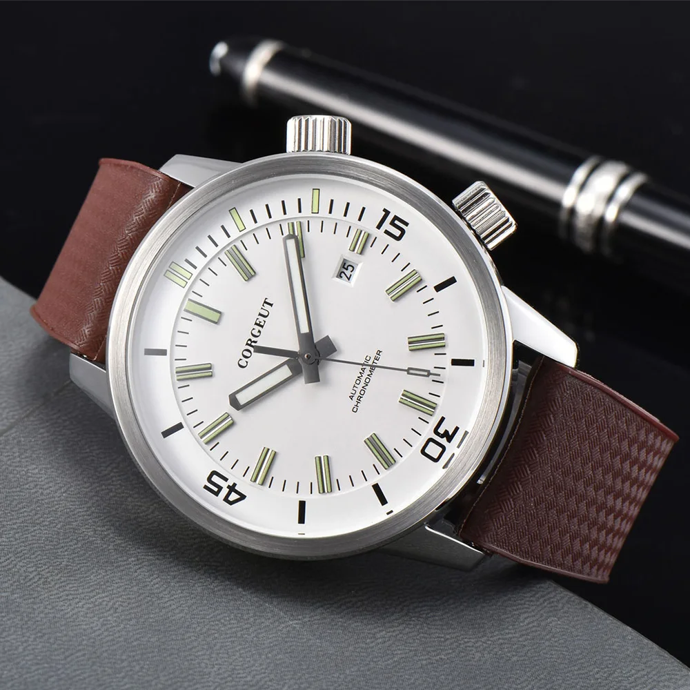 

CORGEUT Men's Miyota Movement Watch Luxury Brand Automatic Mechanical Sapphire Glass Luminous Calendar Leather Strap Clock 2033