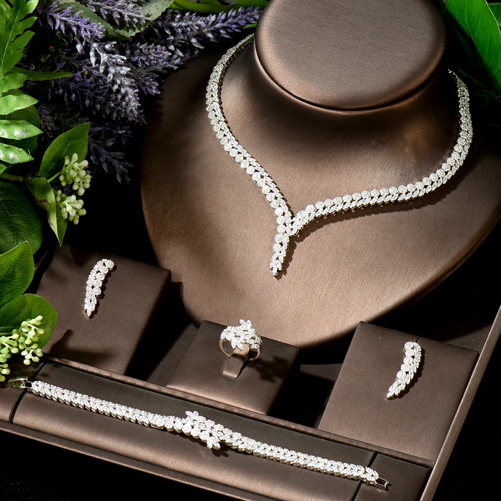 HIBRIDE, элегантный комплект из 4 предметов, ожерелье, серьги, браслет, кольцо, для благородных женщин, люкс класс, для невесты, свадьбы, вечеринк...