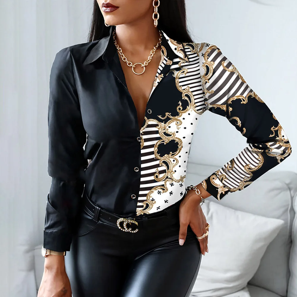 

New Women Fashion Blouse European American Style Long Sleeve Printing Patchwork Single-breasted Lapel Spring Fall Tops For Lady
