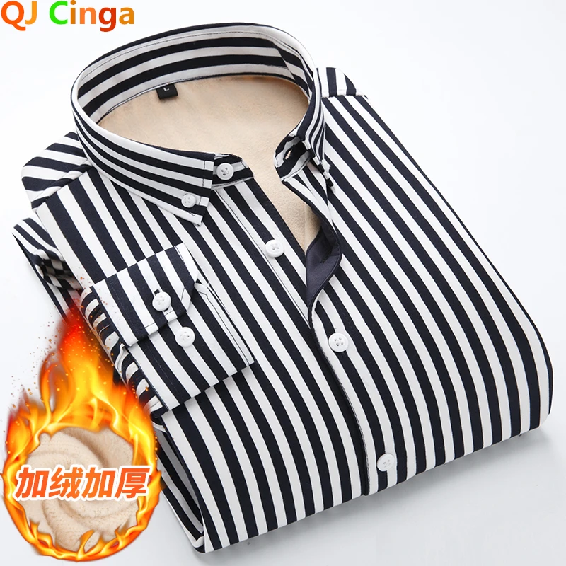 Winter New Black Striped Long Sleeve Cotton Shirt Men's Single Breasted Square Collar Men Fleece Shirts Blue Red White M-5XL