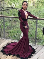 2020 purple black lace appliques backless mermaid long sleeve prom dresses sexy deep v neck evening gowns sexy robe de soiree