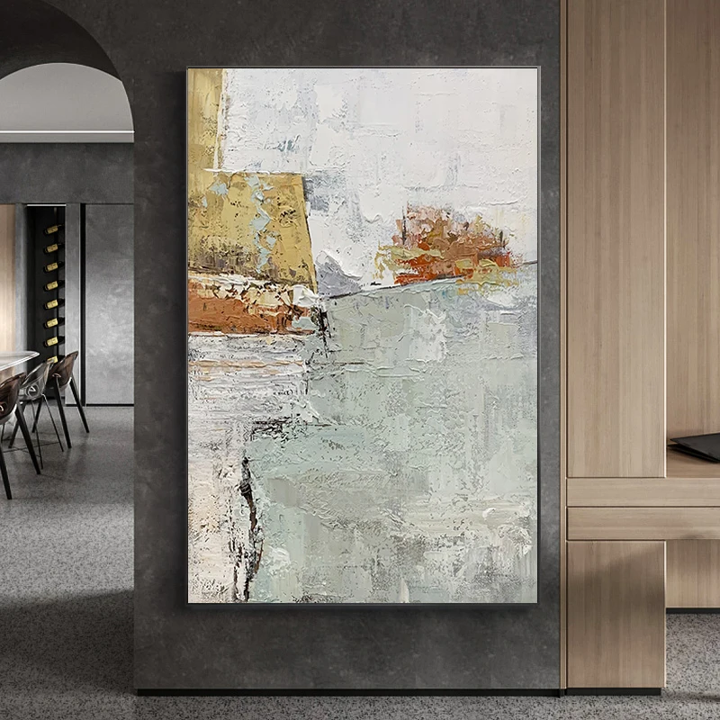 

Handmade Oil Painting Golden Green Canvas Abstract Modern Wall Art Living Room Painting