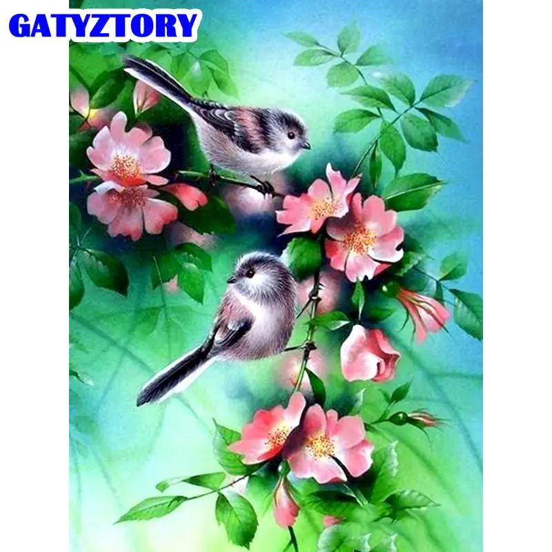 

GATYZTORY Painting By Numbers Kits Pink Flowers And Birds For Adults Children Handmade 40x50cm Frame On Canvas Modern Home Decor