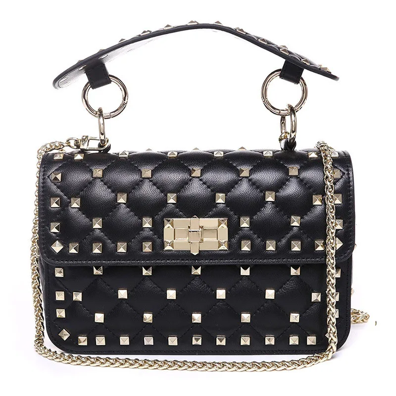 2021 Sheepskin Messenger Bags Chain Women Bags Gold Rivet Shoulder Bag Real Leather Luxury Handbags Brand Designer Day Clutches