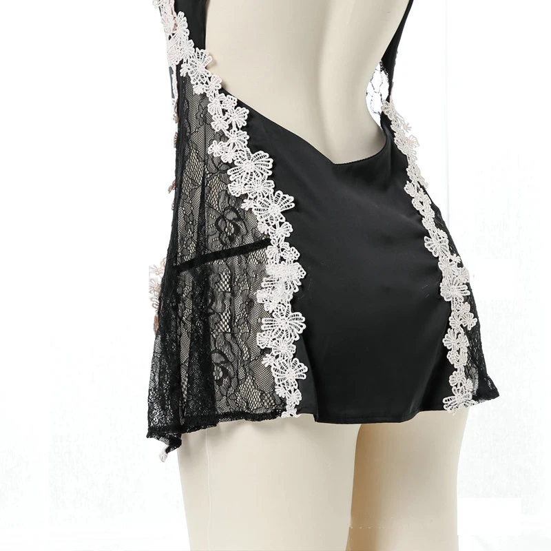 

Women Black White Red Nightgown Backless Split Tank Dress Lace Sheer Transparent Panties Exotic Set Plus Size Loose Sexy Pajamas