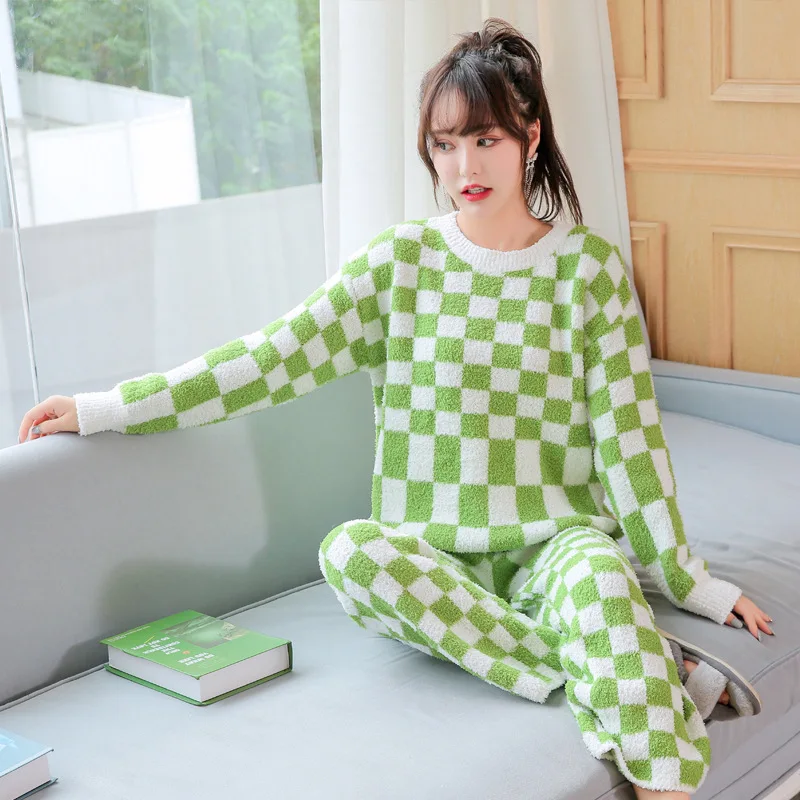 

Plaid Pajamas Set Women Long Sleeve Top&Pants Autumn Winter New Casual Home Wear Nightwear Comfortable Plush Velvet Pijamas Pjs
