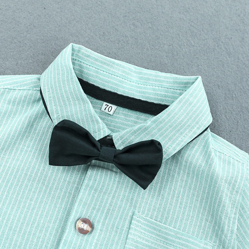 

3-24 months boy Korean version of the summer bow tie gentleman romper two-piece single-breasted thin candy green cotton romper
