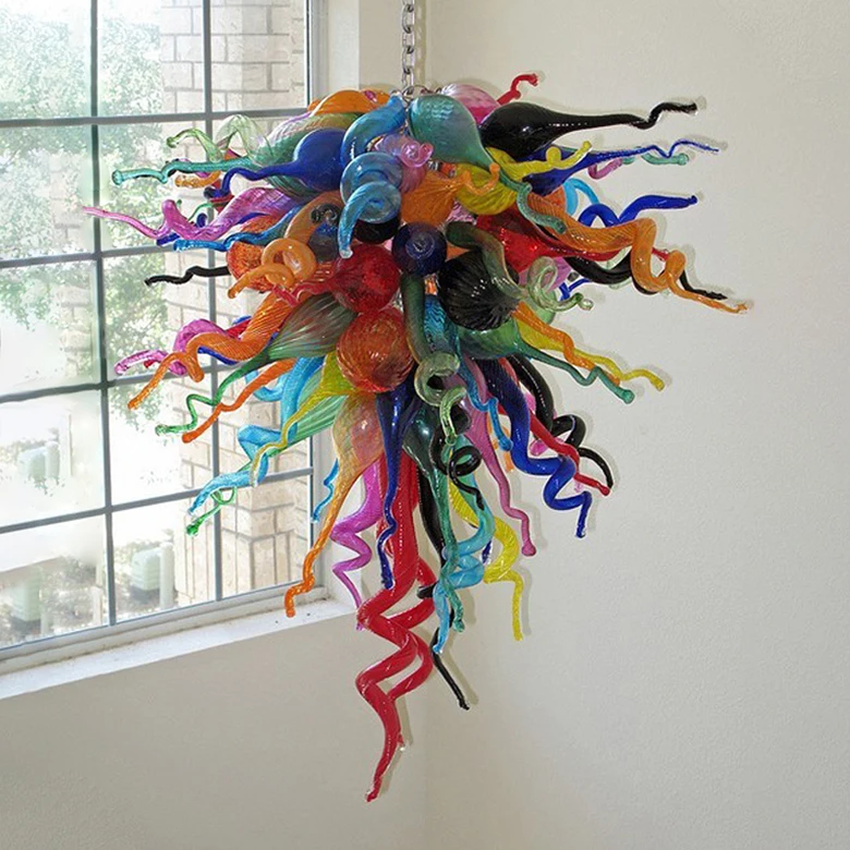 

Modern Colorful Long Chain Art Deco Home Indoor Light LED Blown Glass Chandelier Lighting