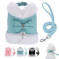 bowknot small dog cat harness leash set warm soft fur harness vest breathable puppy pet harness lead for small dog yorkshire pug