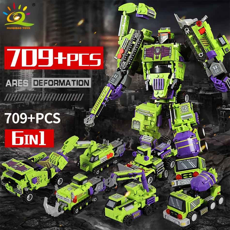 

HUIQIBAO 709pcs 6in1 Devastator Transformation Robot Building Blocks Engineer Mecha Excavator Figures Bricks Toys For Children