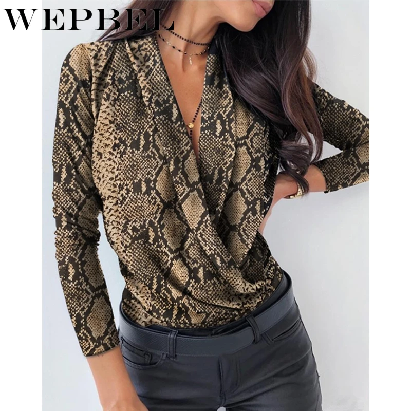 

WEPBEL Women Spring Autumn Sexy Loose Shirt Top Ladies Elegant Solid Color Long Sleeve V Neck T-shirt