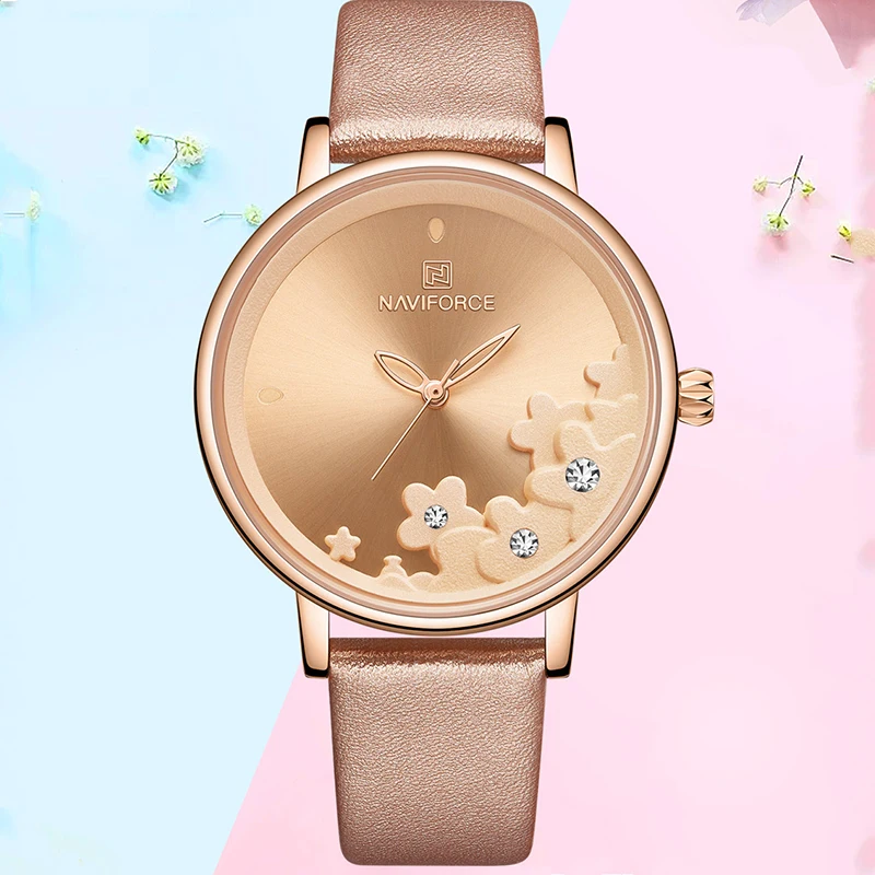 Женские часы NAVIFORCE Модные Аналоговые кварцевые наручные с цветком и кожаным
