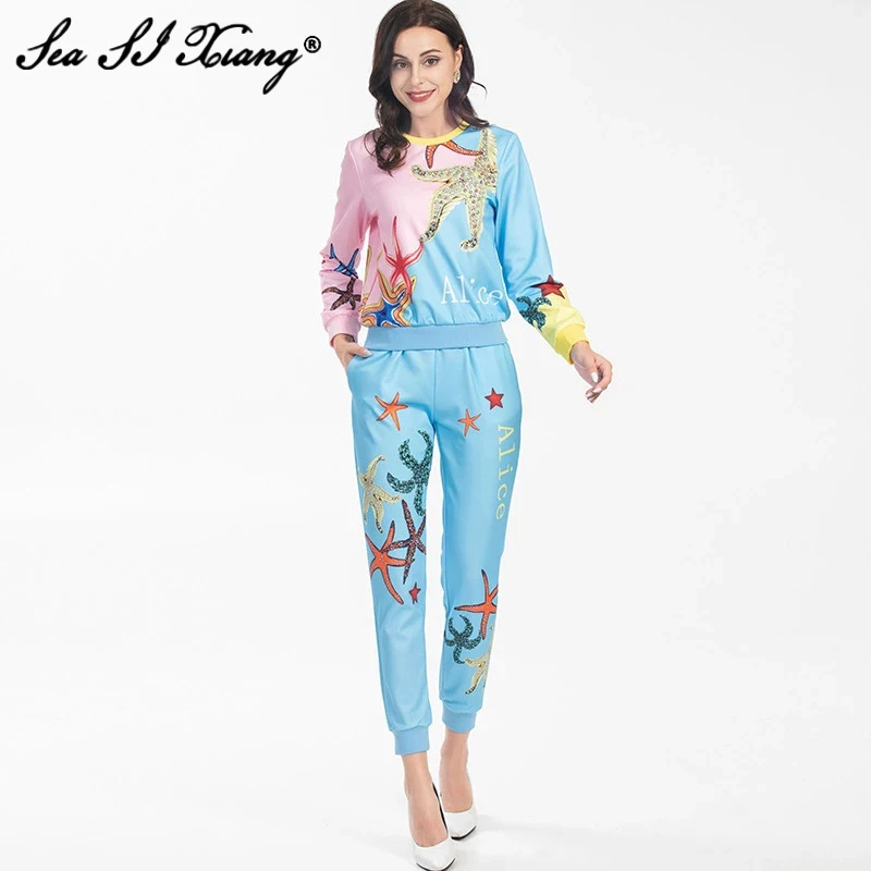 

Seasixiang Fashion Designer Autumn Suit Women O-Neck Long Sleeve Beading Tops + Pencil Pants Casual Two-Piece Set
