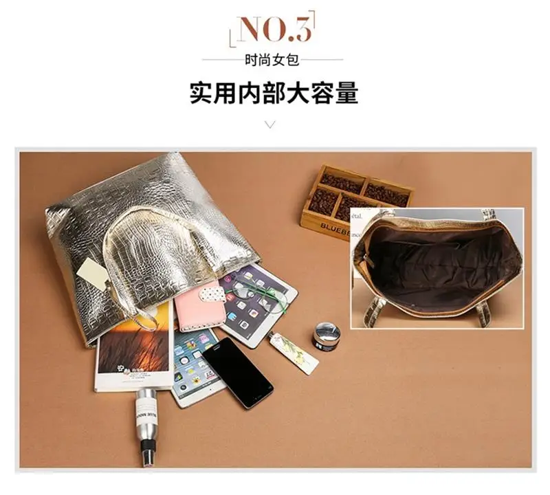 

2019 new women's bag tote crocodile pattern Silver Gold big fashion shoulder handbag