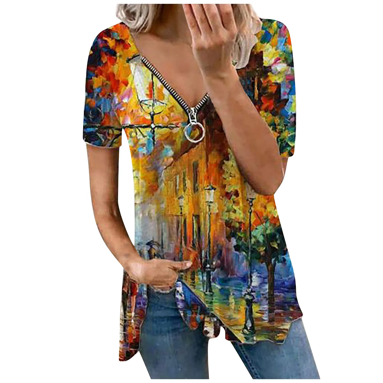 

Футболка женская с V-образным вырезом, повседневный топ на молнии, с коротким рукавом, с графическим принтом, уличная одежда, A40, лето 2021