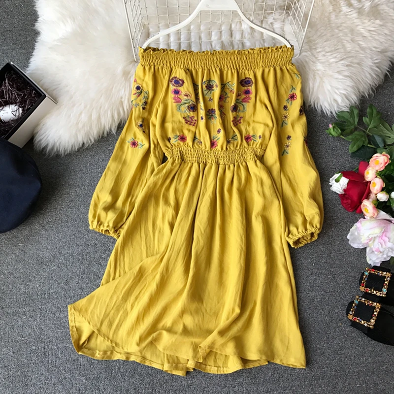 Платье с цветочной вышивкой открытыми плечами льняное платье для женщин Бохо в