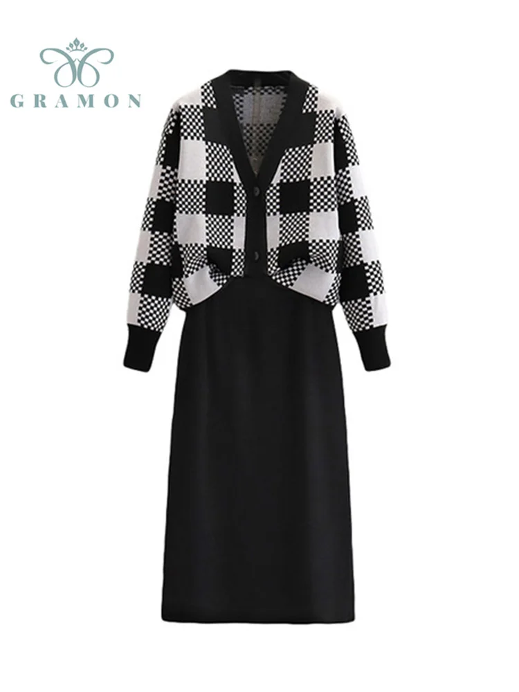 

Knittwear Two Piece Set Women Long Skirt Suits Fashion Plaid Cardigan + High Waist Straight Skirts Outfits Autumn Conjunto Mujer