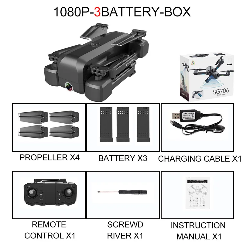 1080P 3B Box SG706 Квадрокоптер Дрон 4K 1080P двойная камера WiFi FPV оптический поток Профессиональный радиоуправляемый Дрон складной Квадрокоптер игрушки - Цвет: 1080P 3B Box