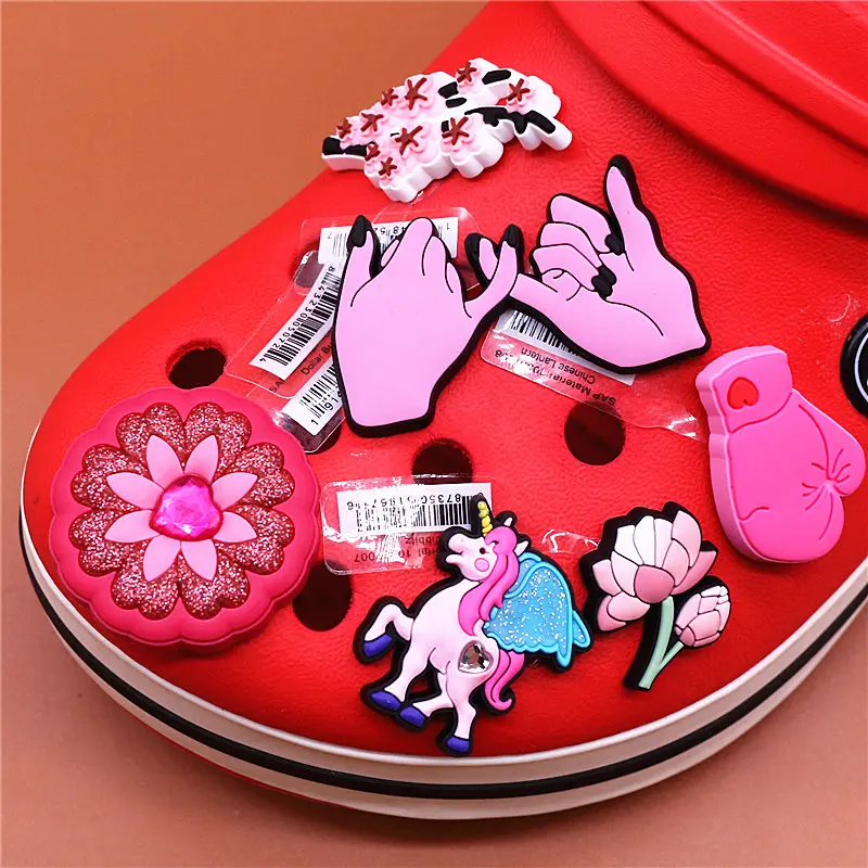 Original PVC Croc Shoe Charms Rhinestone Unicorn Plum Blossom Pink Heart Gloves Slippers Decorations for Jibz Kids Party Gifts