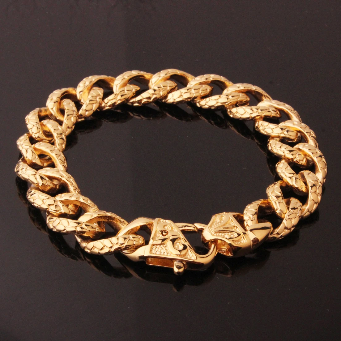 

Popular Biker Men's 15mm Wide Gold Stainless Steel Curb Cuban Link Chain Casting Bracelet Jewelry Flower Clasp 8.66"