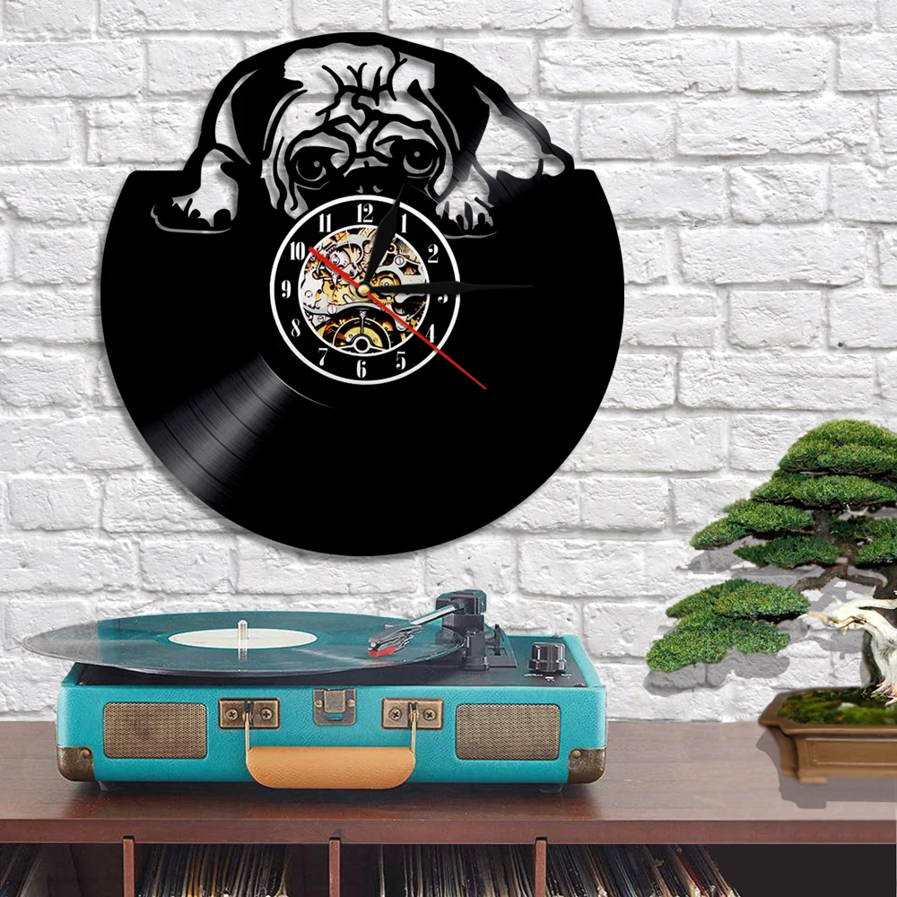 Настенные часы с виниловой пластиной украшение на стену в виде мопса собаки