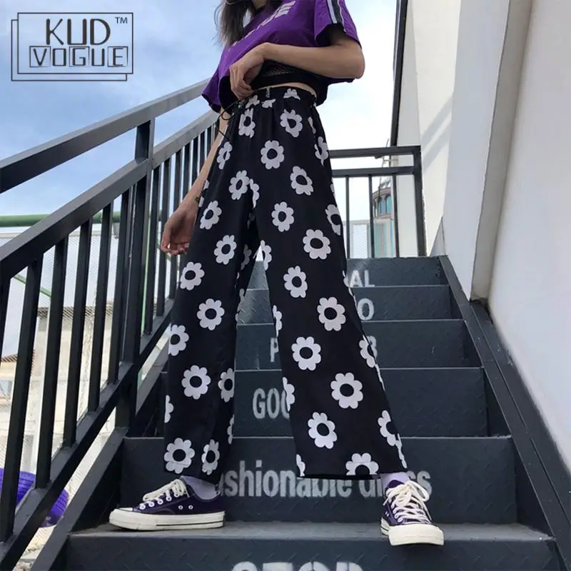 широкие штаны женские Высокая талия Свободные брюки хиппи уличная ромашка